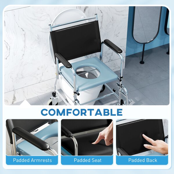 HOMCOM Rolling Shower Chair with Wheels, Bedside Commode Wheelchair with Padded Seat, Backrest, Black Aosom UK