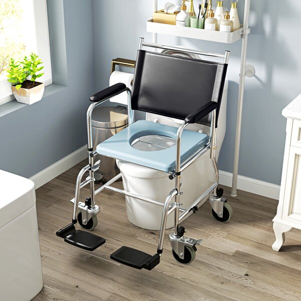 HOMCOM Rolling Shower Chair with Wheels, Bedside Commode Wheelchair with Padded Seat, Backrest, Black Aosom UK