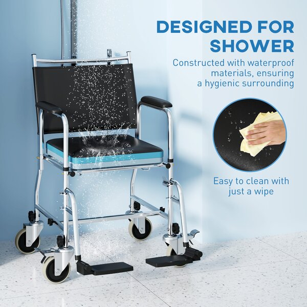 HOMCOM Rolling Shower Chair with Wheels, Bedside Commode Wheelchair with Padded Seat, Backrest, Black Aosom UK