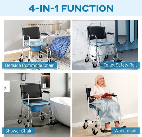 HOMCOM Rolling Shower Chair with Wheels, Bedside Commode Wheelchair with Padded Seat, Backrest, Black Aosom UK
