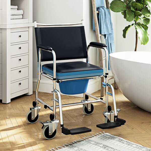 HOMCOM Rolling Shower Chair with Wheels, Bedside Commode Wheelchair with Padded Seat, Backrest, Black Aosom UK