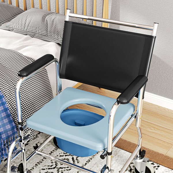 HOMCOM Rolling Shower Chair with Wheels, Bedside Commode Wheelchair with Padded Seat, Backrest, Black Aosom UK