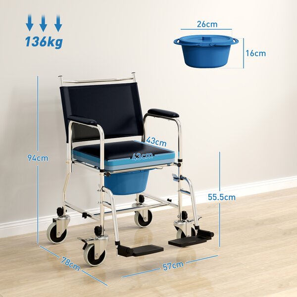 HOMCOM Rolling Shower Chair with Wheels, Bedside Commode Wheelchair with Padded Seat, Backrest, Black Aosom UK