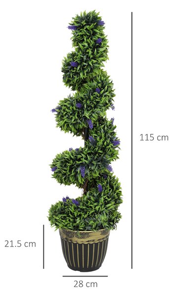 HOMCOM Set of 2 Decorative Artificial Plants, Boxwood Spiral Topiary Tree with Lavender and Pot, Fake Plants for Home Indoor Outdoor Decor, 115cm