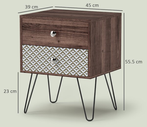 HOMCOM Nightstand, 2-Drawer Bedside Table, Bedside Cabinet, Sofa End Side Table for Living Room, Bedroom, Rustic Brown