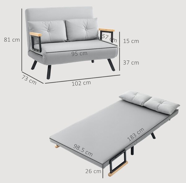 HOMCOM 4-in-1 Velvet-Feel Double Sofa Bed, with Pillows - Light Grey
