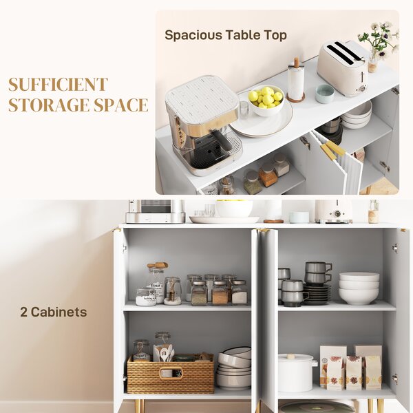 HOMCOM Sideboard Buffet Cabinet, Modern Kitchen Storage Cabinet with Adjustable Shelves, Kitchen Sideboard for Living Room Hallway, White