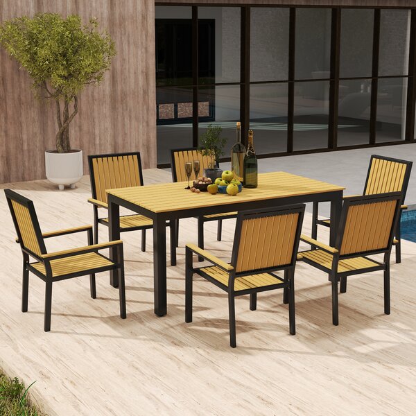 Outsunny 6 Seater Garden Dining Set with Stackable Chairs, Rectangular Top, Outdoor Dining Table and Chairs for Patio, Balcony, Nature Wood