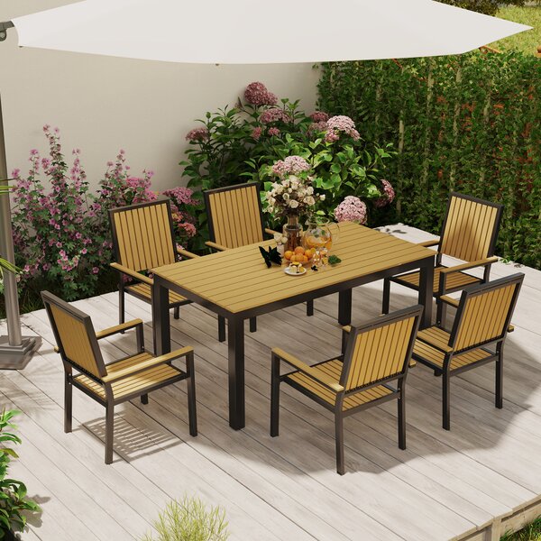Outsunny 6 Seater Garden Dining Set with Stackable Chairs, Rectangular Top, Outdoor Dining Table and Chairs for Patio, Balcony, Nature Wood