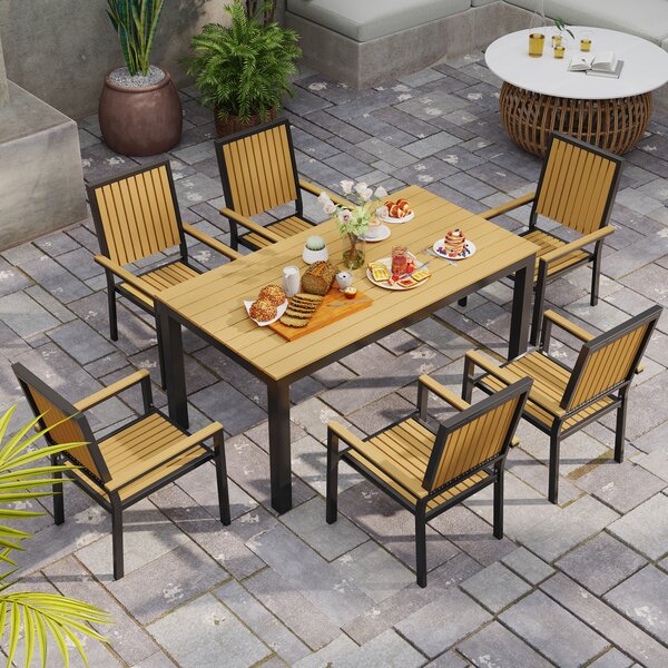 Outsunny 6 Seater Garden Dining Set with Stackable Chairs, Rectangular Top, Outdoor Dining Table and Chairs for Patio, Balcony, Nature Wood