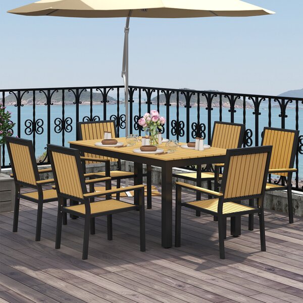 Outsunny 6 Seater Garden Dining Set with Stackable Chairs, Rectangular Top, Outdoor Dining Table and Chairs for Patio, Balcony, Nature Wood