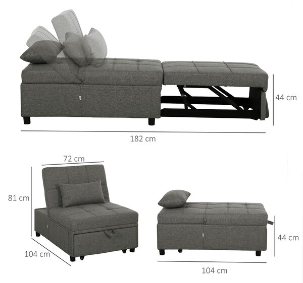 HOMCOM 4-in-1 Single Sofa Sleeper Chair with 3-position Adjustable Back Compact Guest Sofa Bed with Dual Side Storage Pockets - Dark Grey Aosom UK