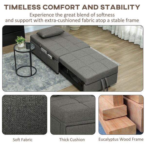 HOMCOM 4-in-1 Single Sofa Sleeper Chair with 3-position Adjustable Back Compact Guest Sofa Bed with Dual Side Storage Pockets - Dark Grey Aosom UK