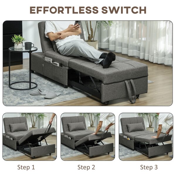 HOMCOM 4-in-1 Single Sofa Sleeper Chair with 3-position Adjustable Back Compact Guest Sofa Bed with Dual Side Storage Pockets - Dark Grey Aosom UK
