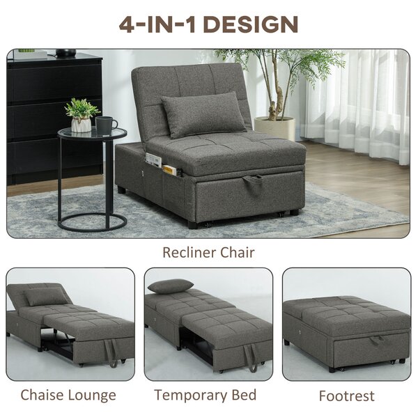 HOMCOM 4-in-1 Single Sofa Sleeper Chair with 3-position Adjustable Back Compact Guest Sofa Bed with Dual Side Storage Pockets - Dark Grey Aosom UK