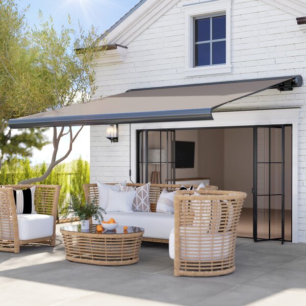 Outsunny 3 x 2.5 m Electric Awning with Remote Controller, Aluminium Frame DIY Retractable Awning for Garden Patio Deck Door Window, Light Grey