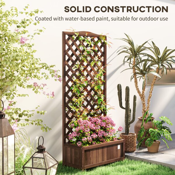 Outsunny 53L Garden Wooden Planter Box with Trellis Free Standing Flower Raised Bed with Lattice for Climbing Plants, 76cm x 36cm x 170cm, Dark Brown