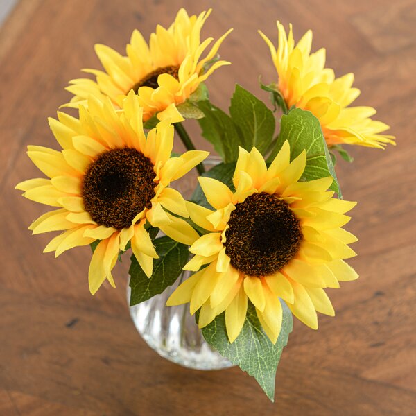 Artificial Sunflower Bouquet in Ribbed Glass Vase