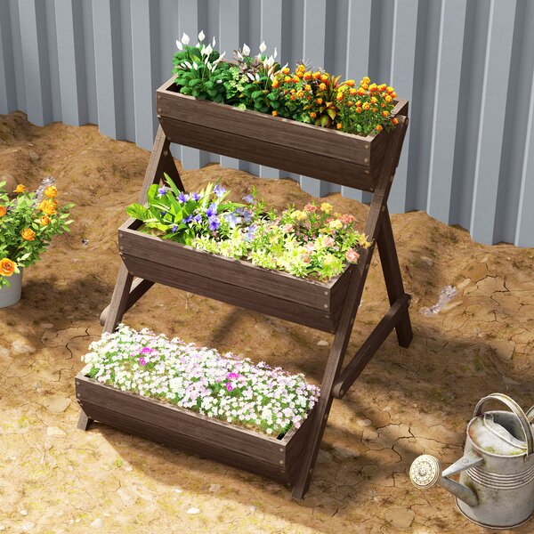Outsunny 3 Tier Raised Garden Bed Wooden Elevated Planter Box Kit, 66L for Flower, Vegetable, Herb, 65x75x78cm, Tan