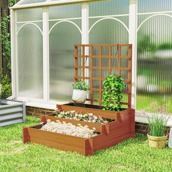 Outsunny 3 Tier Garden Planters with Trellis for Vine Climbing, Wooden Raised Beds, 95x95x110cm, Brown