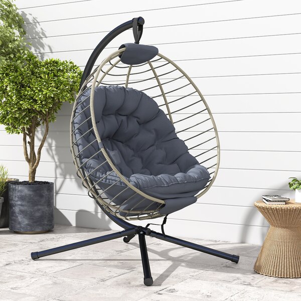 Outsunny Rattan Relaxation: Outdoor Hanging Chair with Stand, Padded Cushion, Foldable, Cup Holder, Greystone