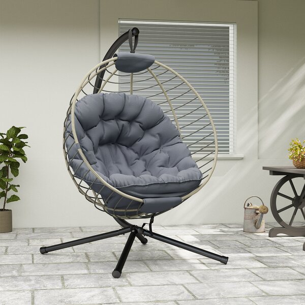 Outsunny Rattan Relaxation: Outdoor Hanging Chair with Stand, Padded Cushion, Foldable, Cup Holder, Greystone