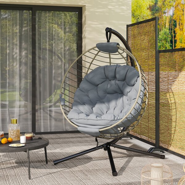 Outsunny Rattan Relaxation: Outdoor Hanging Chair with Stand, Padded Cushion, Foldable, Cup Holder, Greystone