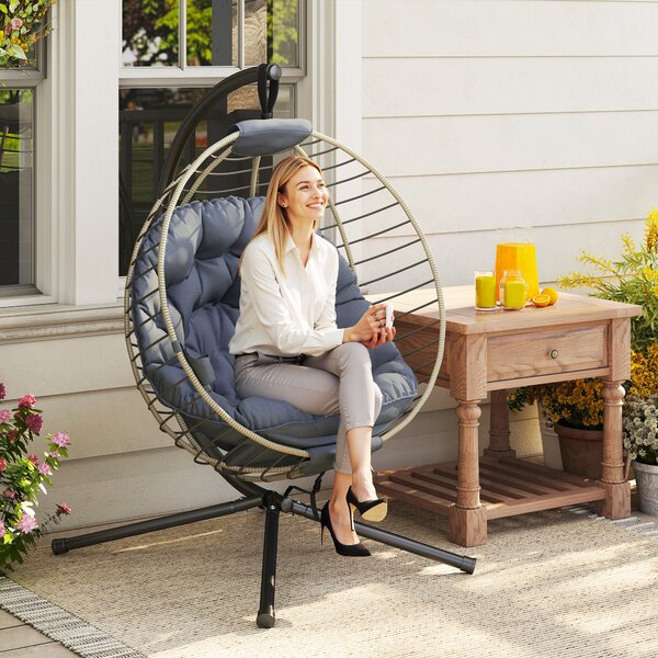 Outsunny Rattan Relaxation: Outdoor Hanging Chair with Stand, Padded Cushion, Foldable, Cup Holder, Greystone