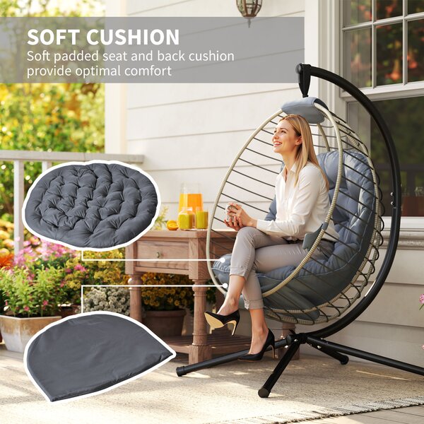 Outsunny Rattan Relaxation: Outdoor Hanging Chair with Stand, Padded Cushion, Foldable, Cup Holder, Greystone