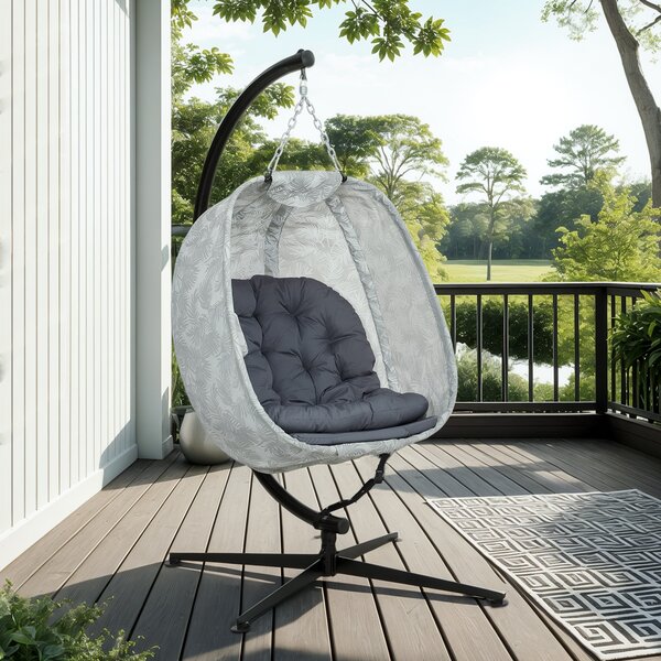 Outsunny Hanging Egg Chair with Folding Basket, Garden Hanging Chair with Stand, Thickened Cushion, Cup Holder for Patio, Balcony, Grey
