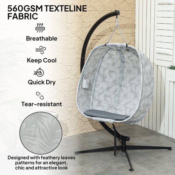 Outsunny Hanging Egg Chair with Folding Basket, Garden Hanging Chair with Stand, Thickened Cushion, Cup Holder for Patio, Balcony, Grey
