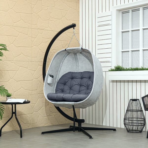 Outsunny Hanging Egg Chair with Folding Basket, Garden Hanging Chair with Stand, Thickened Cushion, Cup Holder for Patio, Balcony, Grey