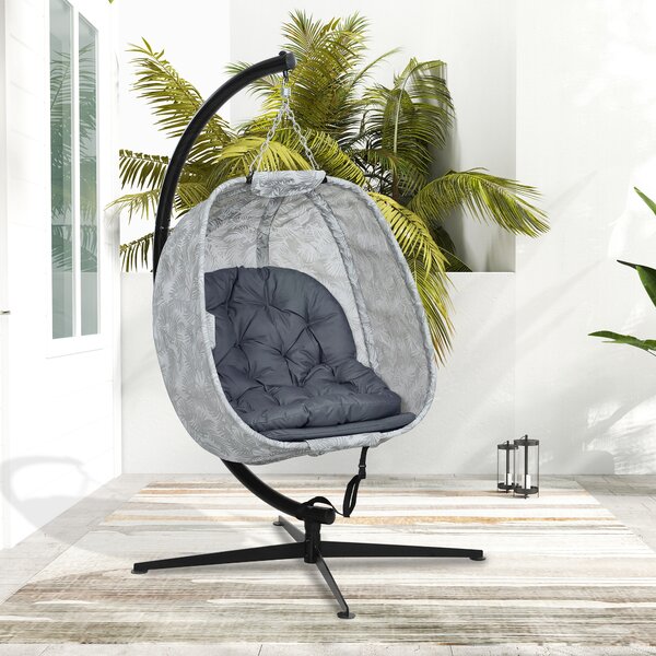 Outsunny Hanging Egg Chair with Folding Basket, Garden Hanging Chair with Stand, Thickened Cushion, Cup Holder for Patio, Balcony, Grey