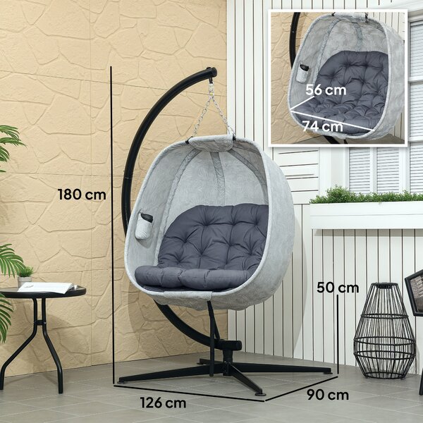 Outsunny Hanging Egg Chair with Folding Basket, Garden Hanging Chair with Stand, Thickened Cushion, Cup Holder for Patio, Balcony, Grey