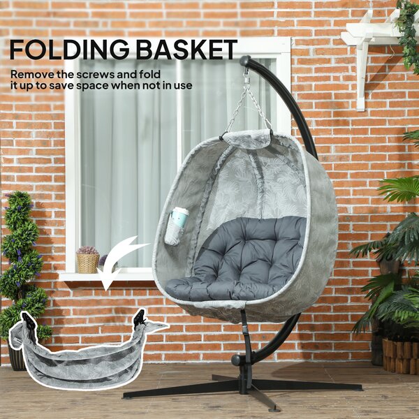 Outsunny Hanging Egg Chair with Folding Basket, Garden Hanging Chair with Stand, Thickened Cushion, Cup Holder for Patio, Balcony, Grey