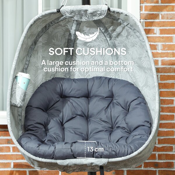 Outsunny Hanging Egg Chair with Folding Basket, Garden Hanging Chair with Stand, Thickened Cushion, Cup Holder for Patio, Balcony, Grey
