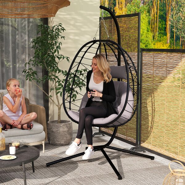 Outsunny Hanging Egg Chair Outdoor Indoor Garden Swing Chair with Folding Basket, Thickened Cushion, Stand, Headrest for Patio, Balcony, Grey
