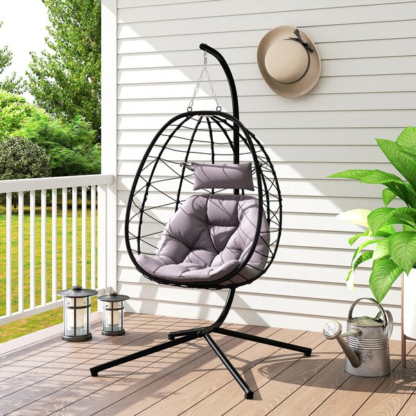 Outsunny Hanging Egg Chair Outdoor Indoor Garden Swing Chair with Folding Basket, Thickened Cushion, Stand, Headrest for Patio, Balcony, Grey