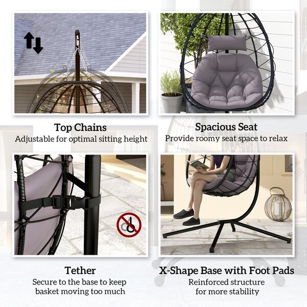 Outsunny Hanging Egg Chair Outdoor Indoor Garden Swing Chair with Folding Basket, Thickened Cushion, Stand, Headrest for Patio, Balcony, Grey