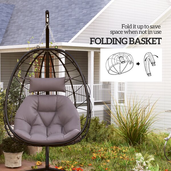 Outsunny Hanging Egg Chair Outdoor Indoor Garden Swing Chair with Folding Basket, Thickened Cushion, Stand, Headrest for Patio, Balcony, Grey