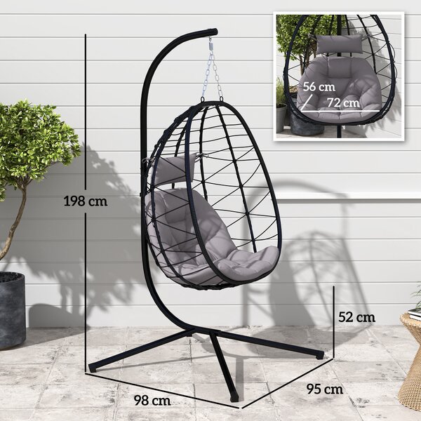 Outsunny Hanging Egg Chair Outdoor Indoor Garden Swing Chair with Folding Basket, Thickened Cushion, Stand, Headrest for Patio, Balcony, Grey