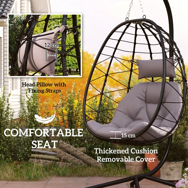 Outsunny Hanging Egg Chair Outdoor Indoor Garden Swing Chair with Folding Basket, Thickened Cushion, Stand, Headrest for Patio, Balcony, Grey