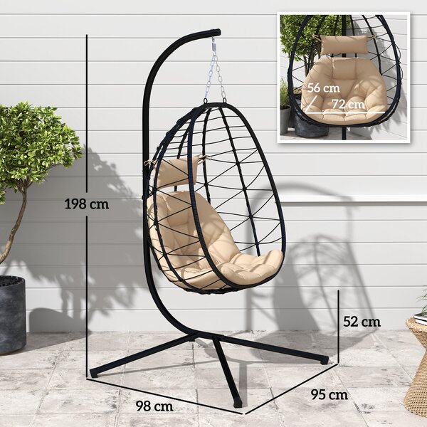 Outsunny Hanging Egg Chair Garden Swing Chair with Basket, Cushion, Garden Hanging Chair with Stand, Headrest for Patio, Balcony, Khaki