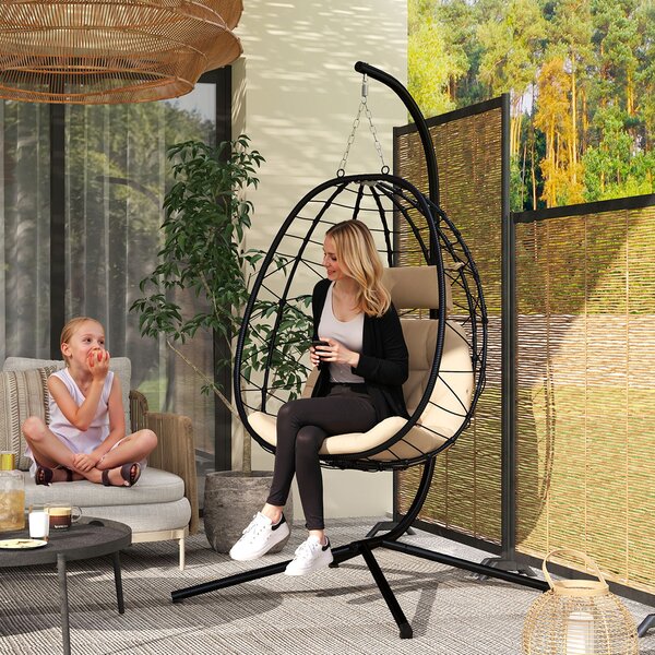 Outsunny Hanging Egg Chair Garden Swing Chair with Basket, Cushion, Garden Hanging Chair with Stand, Headrest for Patio, Balcony, Khaki