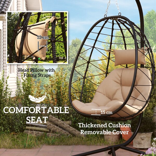 Outsunny Hanging Egg Chair Garden Swing Chair with Basket, Cushion, Garden Hanging Chair with Stand, Headrest for Patio, Balcony, Khaki