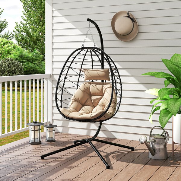 Outsunny Hanging Egg Chair Garden Swing Chair with Basket, Cushion, Garden Hanging Chair with Stand, Headrest for Patio, Balcony, Khaki