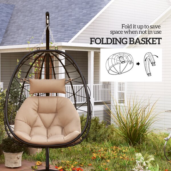 Outsunny Hanging Egg Chair Garden Swing Chair with Basket, Cushion, Garden Hanging Chair with Stand, Headrest for Patio, Balcony, Khaki