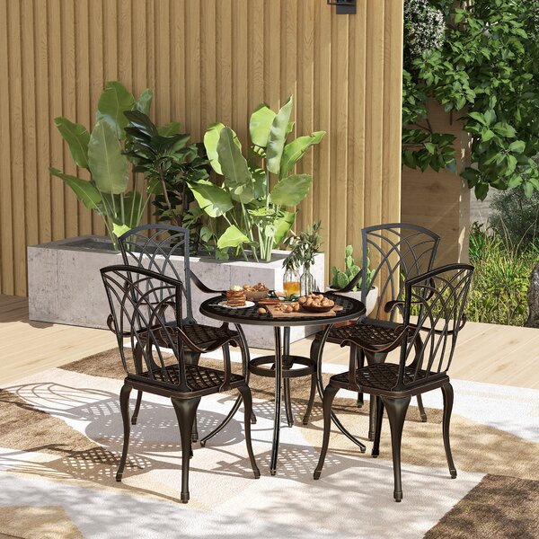 Outsunny 5 Pieces Garden Dining Set for 4, Cast Aluminium Outdoor Dining Set with 4 Armchairs and Round Dining Table with Parasol Hole, Bronze Tone