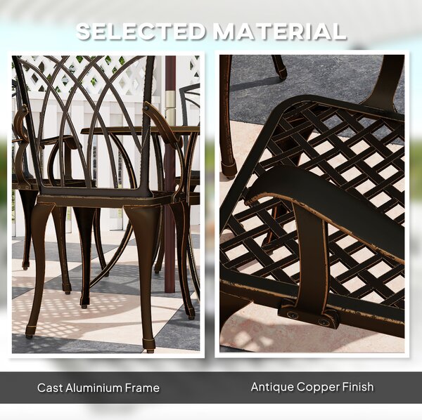 Outsunny 5 Pieces Garden Dining Set for 4, Cast Aluminium Outdoor Dining Set with 4 Armchairs and Round Dining Table with Parasol Hole, Bronze Tone