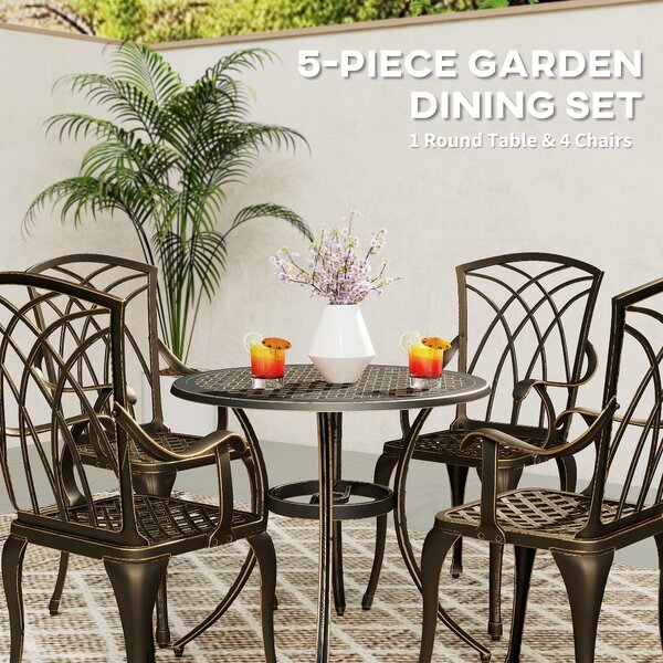 Outsunny 5 Pieces Garden Dining Set for 4, Cast Aluminium Outdoor Dining Set with 4 Armchairs and Round Dining Table with Parasol Hole, Bronze Tone
